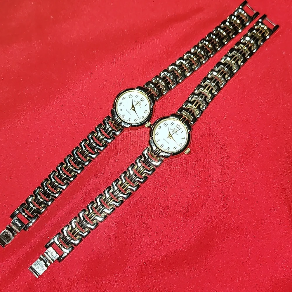 2 MCM or MOM Ladies Watches Silver & Gold‎ Metal Bands White Faces Twin Watch